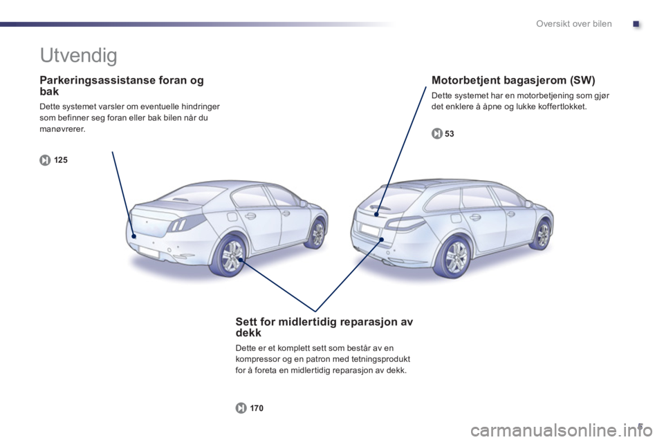 Peugeot 508 2011  Brukerhåndbok (in Norwegian) .
5
Oversikt over bilen
   
Parkeringsassistanse foran ogbak
 Dette systemet varsler om eventuelle hindringer som befinner seg foran eller bak bilen når dumanøvrerer.
12
5
   
Motorbetjent bagasjero