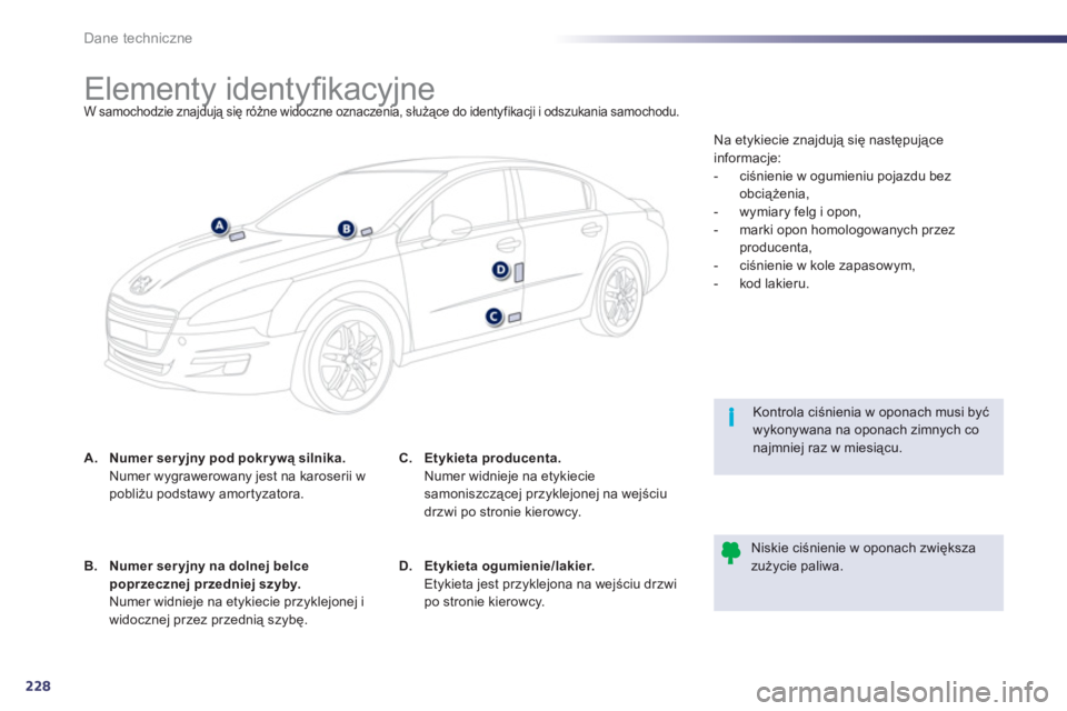 Peugeot 508 2011 Instrukcja Obsługi (in Polish) 228
i
Dane techniczne
Elementy identyfi kacyjne W samochodzie znajdują się różne widoczne oznaczenia, służące do identyfikacji i odszukania samo Peugeot 508 2011 Instrukcja Obsługi (in Polish) 228
i
Dane techniczne
Elementy identyfi kacyjne W samochodzie znajdują się różne widoczne oznaczenia, służące do identyfikacji i odszukania samo