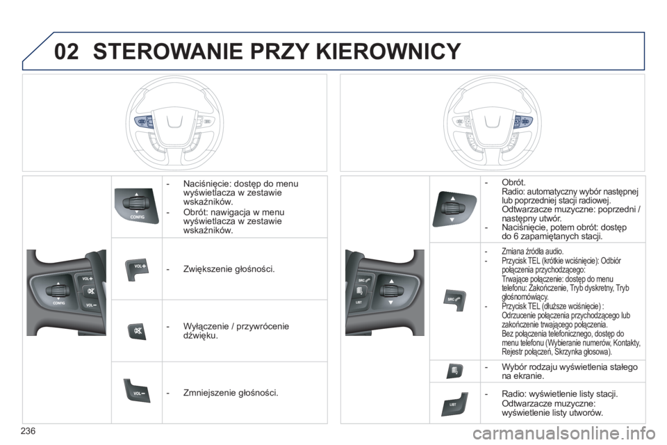 Peugeot 508 2011  Instrukcja Obsługi (in Polish) 236
02STEROWANIE PRZY KIEROWNICY 
   
 
-  Naciśnięcie: dostęp do menu
wyświetlacza w zestawie 
w
skaźników.
   
-  Obrót: nawigacja w menu 
wyświetlacza w zestawie 
wskaźników.
   
 
-  Zwi