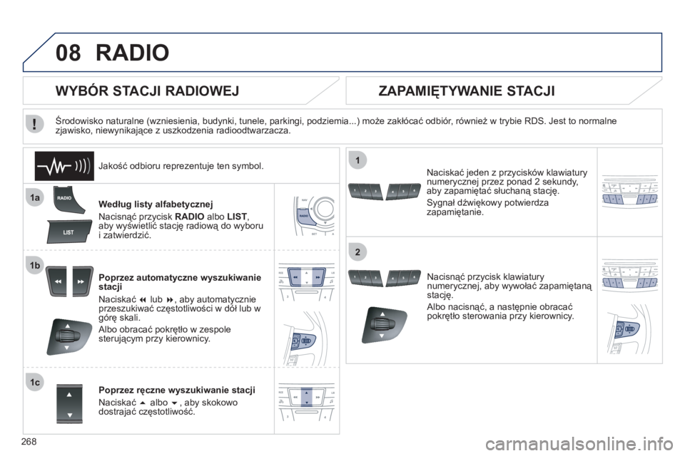 Peugeot 508 2011  Instrukcja Obsługi (in Polish) 268
08
1a
1b
1c
1
2
RADIO
Według listy alfabetycznej 
Nacisnąć przycisk RADI
Oalbo LIST, aby wyświetlić stację radiową do wyboru 
i zatwierdzić.
Poprzez automatyczne wyszukiwanie
stacji 
N
aci