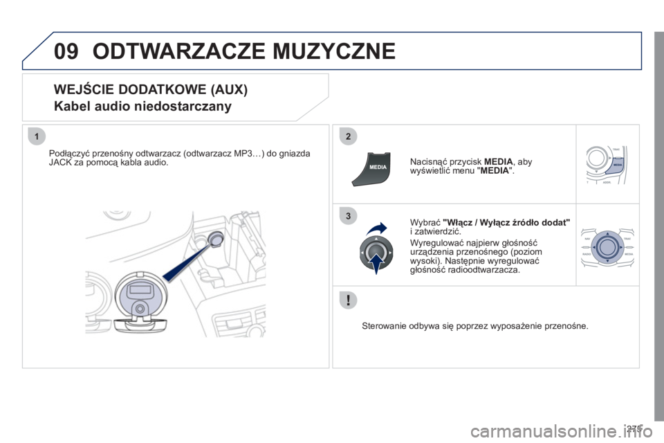 Peugeot 508 2011 Instrukcja Obsługi (in Polish) 275
09
12
3
ODTWARZACZE MUZYCZNE
WEJŚCIE DODATKOWE (AUX)
Kabel audio niedostarczany
Podłączyć przenośny odtwarzacz (odtwarzacz MP3…) do gniazdaJACK za pomocą kabla audio.
Nacisną Peugeot 508 2011 Instrukcja Obsługi (in Polish) 275
09
12
3
ODTWARZACZE MUZYCZNE
WEJŚCIE DODATKOWE (AUX)
Kabel audio niedostarczany
Podłączyć przenośny odtwarzacz (odtwarzacz MP3…) do gniazdaJACK za pomocą kabla audio.
Nacisną