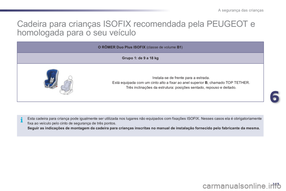 Peugeot 508 2011  Manual do proprietário (in Portuguese) 6
153
i
A segurança das crianças
   
 
 
 
 
 
 
 
 
 
Cadeira para crianças ISOFIX recomendada pela PEUGEOT e 
homologada para o seu veículo 
   
 
O RÖMER Duo Plus ISOFIX 
 (classe de volume  B