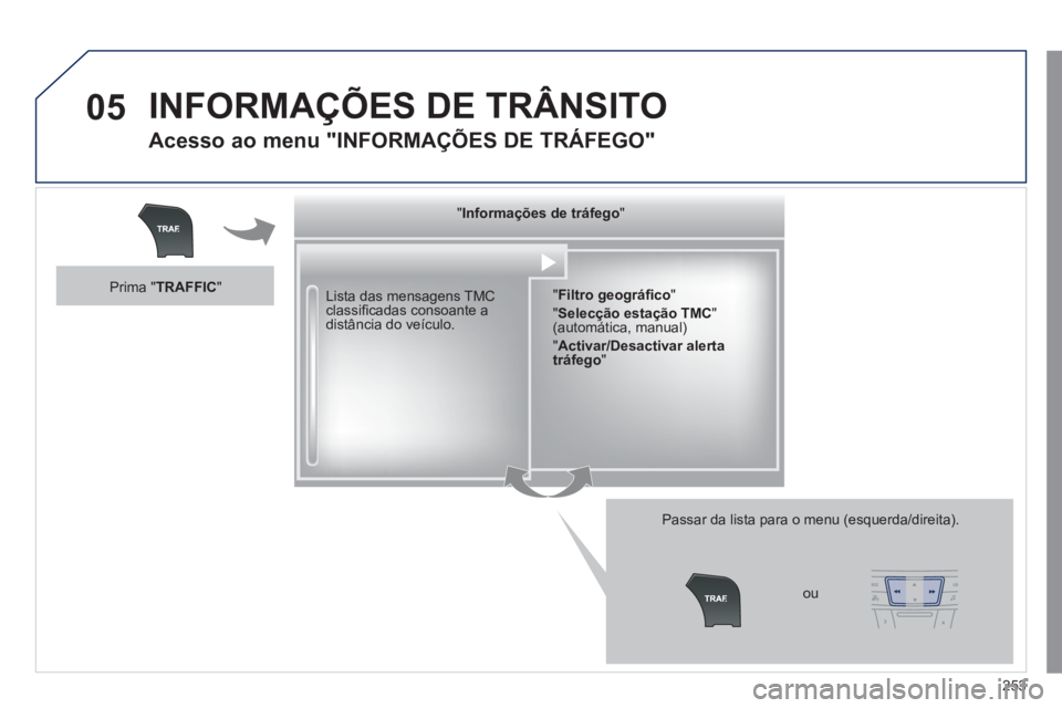 Peugeot 508 2011 Manual do proprietário (in Portuguese) 253
05 INFORMAÇÕES DE TRÂNSITO
Acesso ao menu "INFORMAÇÕES DE TRÁFEGO"
Lista das mensagens TMC
classifi cadas consoante a
distância do veículo.
Passar da lista para o menu Peugeot 508 2011 Manual do proprietário (in Portuguese) 253
05 INFORMAÇÕES DE TRÂNSITO
Acesso ao menu "INFORMAÇÕES DE TRÁFEGO"
Lista das mensagens TMC
classifi cadas consoante a
distância do veículo.
Passar da lista para o menu