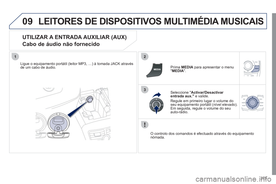 Peugeot 508 2011  Manual do proprietário (in Portuguese) 275
09
12
3
  LEITORES DE DISPOSITIVOS MULTIMÉDIA MUSICAIS 
 
 
UTILIZAR A ENTRADA AUXILIAR (AUX)  
Cabo de áudio não fornecido 
   
Ligue o equipamento portátil (leitor MP3, …) à tomada JACK a