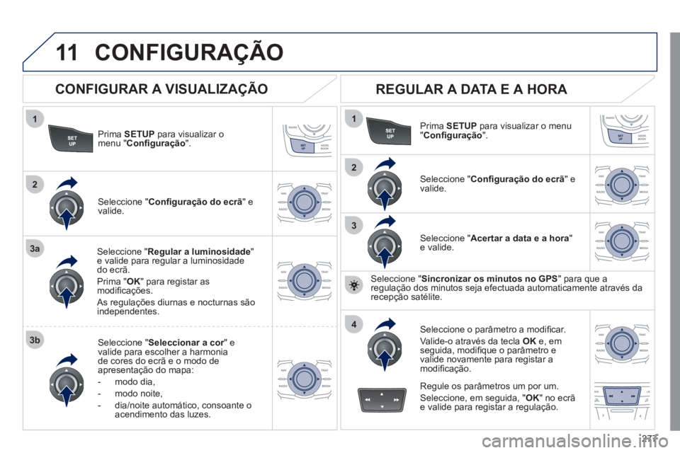 Peugeot 508 2011  Manual do proprietário (in Portuguese) 277
11
1
2
3a
3b
1
2
3
4
  CONFIGURAÇÃO 
 
 
Prima  SETUP 
 para visualizar o 
menu " Conﬁ guração 
".  
   
Seleccione " Regular a luminosidade 
" 
e valide para regular a luminosidade 
do ecr