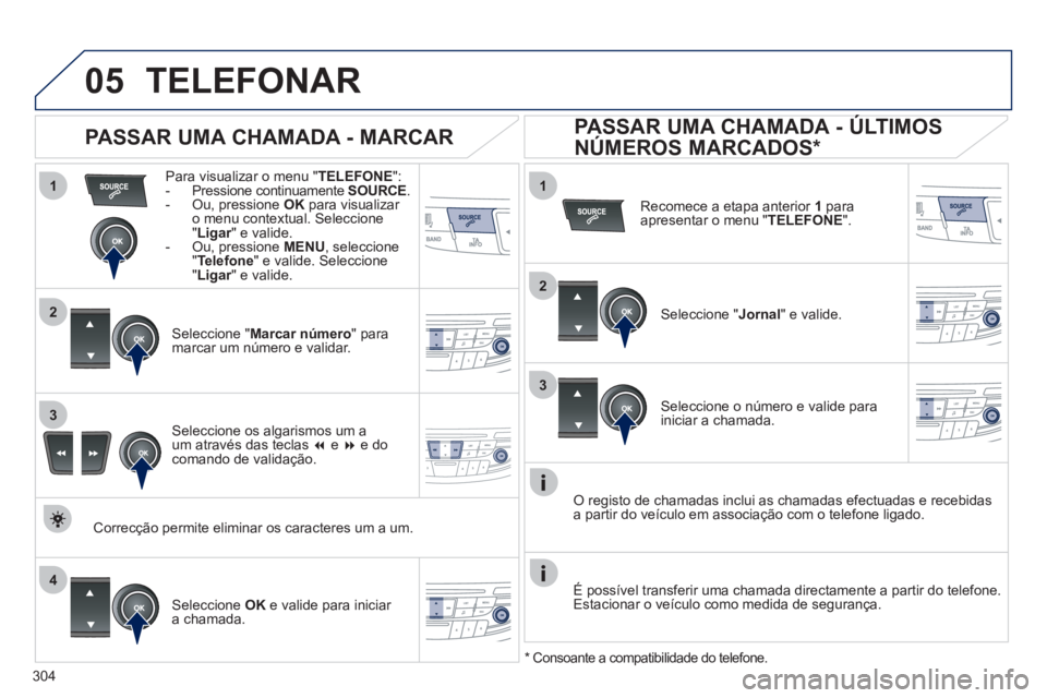 Peugeot 508 2011 Manual do proprietário (in Portuguese) 304
1
2
1
4
2
3
3
05 TELEFONAR
Para visualizar o menu " TELEFONE
":
- Pressione continuamente SOURCE
.
- Ou, pressione OK
para visualizar
o menu contextual. Seleccion Peugeot 508 2011 Manual do proprietário (in Portuguese) 304
1
2
1
4
2
3
3
05 TELEFONAR
Para visualizar o menu " TELEFONE
":
- Pressione continuamente SOURCE
.
- Ou, pressione OK
para visualizar
o menu contextual. Seleccion