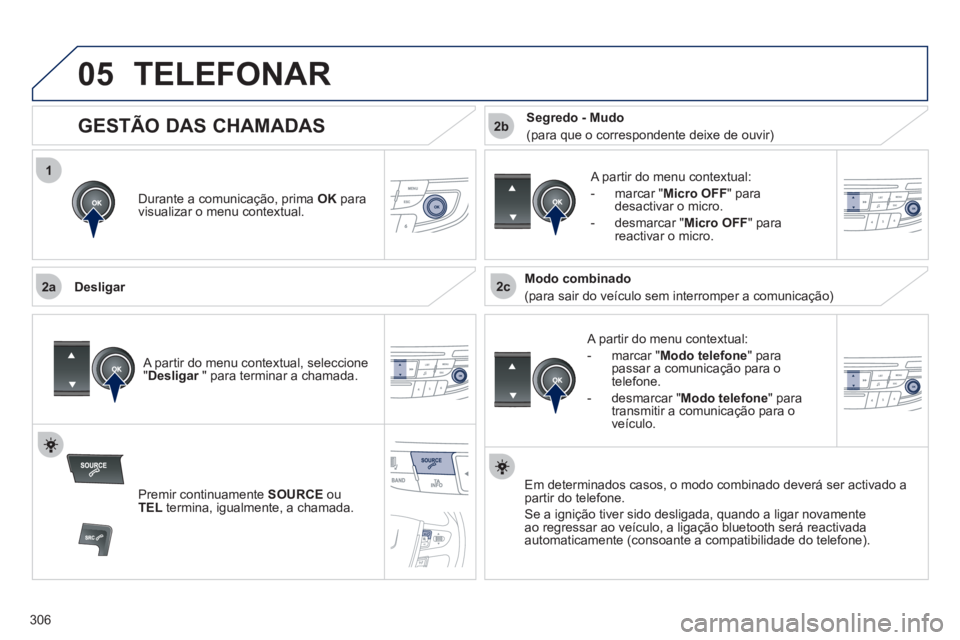 Peugeot 508 2011 Manual do proprietário (in Portuguese) 306
1
2a2c
2b
05 TELEFONAR
Durante a comunicação, prima OK
para
visualizar o menu contextual.
Desligar
A partir do menu contextual:
- marcar " Modo telefone
" para
p Peugeot 508 2011 Manual do proprietário (in Portuguese) 306
1
2a2c
2b
05 TELEFONAR
Durante a comunicação, prima OK
para
visualizar o menu contextual.
Desligar
A partir do menu contextual:
- marcar " Modo telefone
" para
p