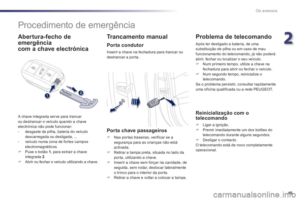Peugeot 508 2011  Manual do proprietário (in Portuguese) 2
45
Os acessos
   
 
 
 
 
Procedimento de emergência 
 
 
Abertura-fecho de 
emergência  
com a chave electrónica 
  A chave integrada ser ve para trancar 
ou destrancar o veículo quando a chave