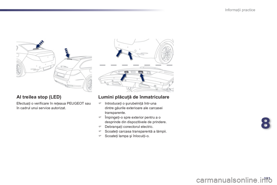 Peugeot 508 2011  Manualul de utilizare (in Romanian) 8
191
Informaţii practice
 
 
 
 
 
 
 
 
 
 
 
 
 
Al treilea stop (LED)
 
Efectuaţi o verificare 