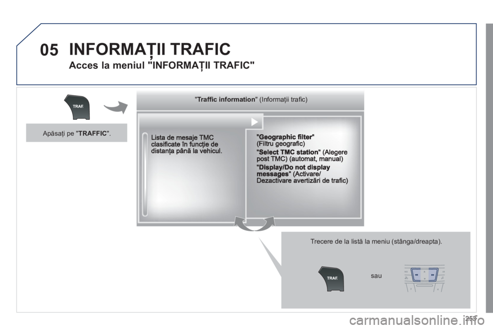 Peugeot 508 2011  Manualul de utilizare (in Romanian) 253
05  INFORMAŢII TRAFIC 
 
 
Acces la meniul "INFORMAŢII TRAFIC" 
Trecere de la listă la meniu (stânga/dreapta). 
"""""""Trafﬁ c informationTrafﬁc informationTrafﬁc informationTrafﬁc inf