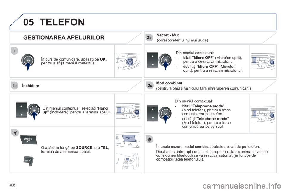 Peugeot 508 2011  Manualul de utilizare (in Romanian) 306
 
1
2a2c
2b
05TELEFON
   În curs de comunicare, apăsaţi pe OK, 
pentru a aﬁ şa meniul contextual.
   
Închidere
   
Din meniul contextual:
   
-  bi
faţi " Telephone mode 
" (Mod telefon),
