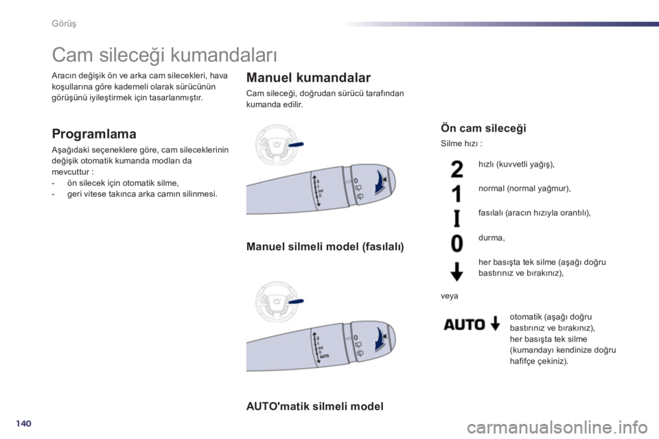 Peugeot 508 2011 Kullanım Kılavuzu (in Turkish) 140
Görüş
Cam sileceği kumandaları
Programlama
Aşağıdaki seçeneklere göre, cam sileceklerinin
değişik otomatik kumanda modları da
mevcuttur :
- ön si Peugeot 508 2011 Kullanım Kılavuzu (in Turkish) 140
Görüş
Cam sileceği kumandaları
Programlama
Aşağıdaki seçeneklere göre, cam sileceklerinin
değişik otomatik kumanda modları da
mevcuttur :
- ön si