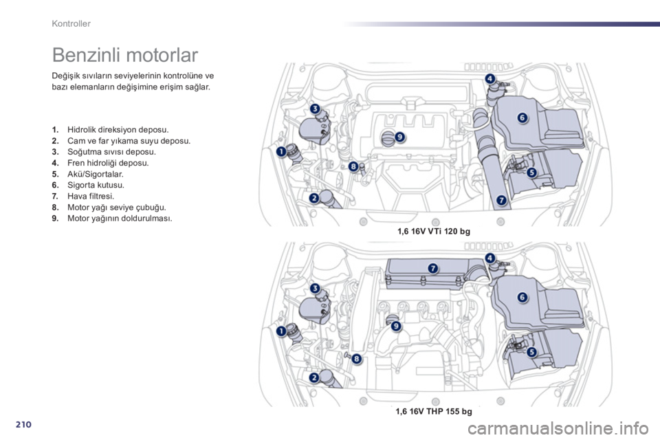 Peugeot 508 2011  Kullanım Kılavuzu (in Turkish) 210
Kontroller
  Değişik sıvıların seviyelerinin kontrolüne ve 
bazı elemanların değişimine erişim sağlar. 
 
 
 
 
 
 
 
 
 
 
 
 
 
 
 
Benzinli motorlar 
 
 
 
1. 
  Hidrolik direksiyon
