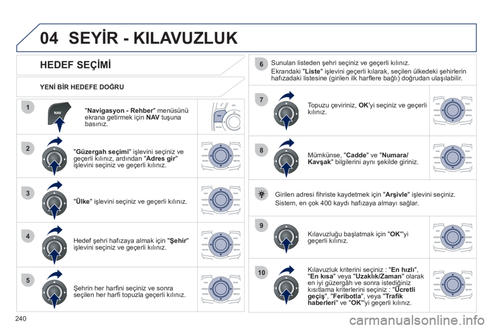 Peugeot 508 2011  Kullanım Kılavuzu (in Turkish) 240
04
1
2
3
4
5
7
9
10
8
6
   
" Navigasyon - Rehber 
" menüsünü 
ekrana getirmek için  NAV 
 tuşuna 
basınız.      
YENİ BİR HEDEFE DOĞRU  
 
SEYİR - KILAVUZLUK 
 
 
 
 
 
 
 
 
 
 
 
 
 