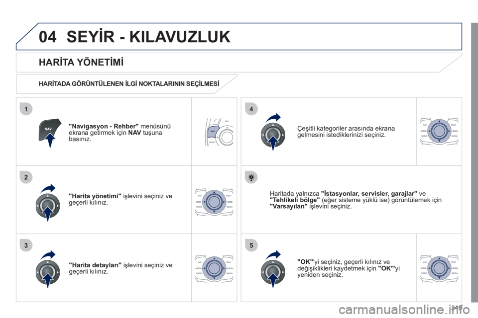 Peugeot 508 2011  Kullanım Kılavuzu (in Turkish) 249
04
35
1
2
4
  SEYİR - KILAVUZLUK 
 
 
" 
Navigasyon - Rehber 
" menüsünü 
ekrana getirmek için  NAV 
 tuşuna 
basınız.  
 
 
HARİTA YÖNETİMİ 
 
 
HARİTADA GÖRÜNTÜLENEN İLGİ NOKTA