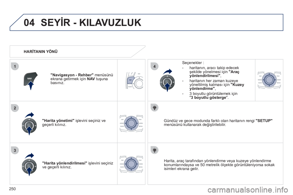 Peugeot 508 2011  Kullanım Kılavuzu (in Turkish) 250
04
3
1
2
4
  SEYİR - KILAVUZLUK 
 
 
" Harita yönetimi " işlevini seçiniz ve 
geçerli kılınız.     
Seçenekler : 
   
 
-  haritanın, aracı takip edecek 
şekilde yönelmesi için " 
Ar