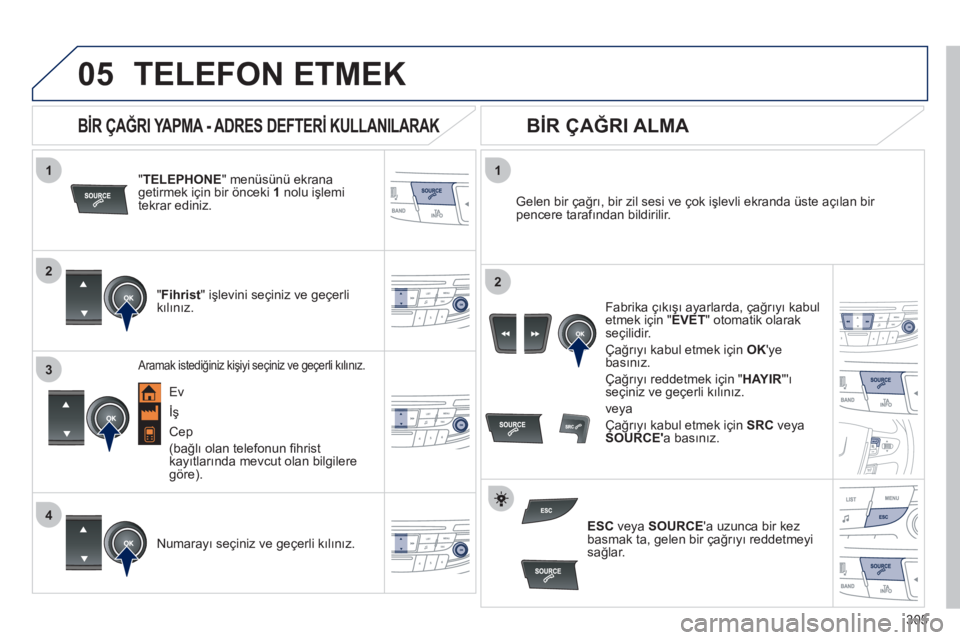 Peugeot 508 2011 Kullanım Kılavuzu (in Turkish) 305
1
2
1
4
2
3
05 TELEFON ETMEK
" TELEPHONE
" menüsünü ekrana
getirmek için bir önceki 1
nolu işlemi
tekrar ediniz.
" Fihrist
" işlevini seçiniz ve geçerli
kılını Peugeot 508 2011 Kullanım Kılavuzu (in Turkish) 305
1
2
1
4
2
3
05 TELEFON ETMEK
" TELEPHONE
" menüsünü ekrana
getirmek için bir önceki 1
nolu işlemi
tekrar ediniz.
" Fihrist
" işlevini seçiniz ve geçerli
kılını