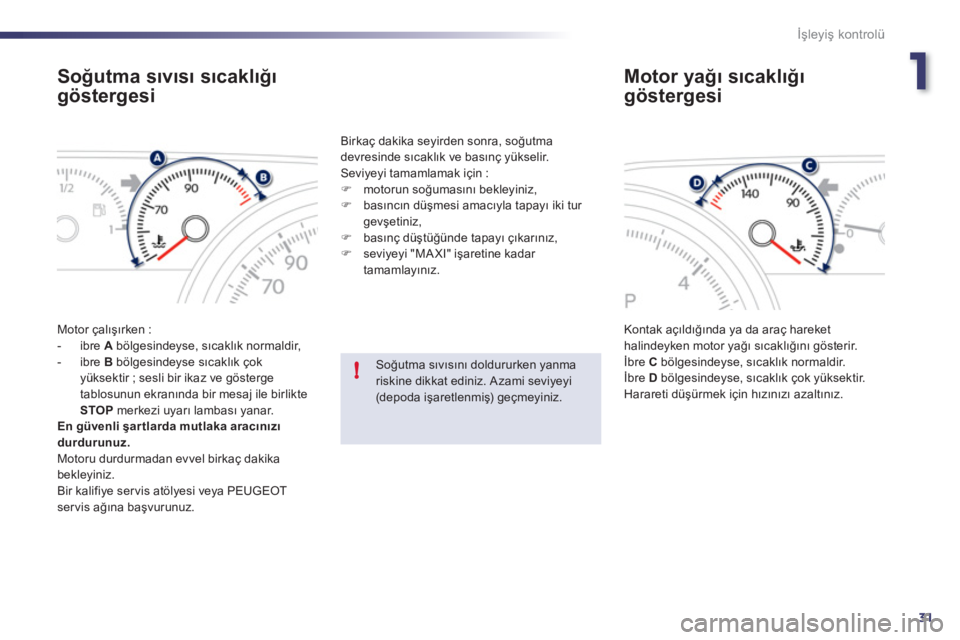 Peugeot 508 2011  Kullanım Kılavuzu (in Turkish) 1
31
!
İşleyiş kontrolü
 
 
 
 
 
 
 
 
 
 
 
 
 
Soğutma sıvısı sıcaklığı 
göstergesi 
  Motor çalışırken : 
   
 
-  ibre  A 
 bölgesindeyse, sıcaklık normaldir, 
   
-  ibre  B 