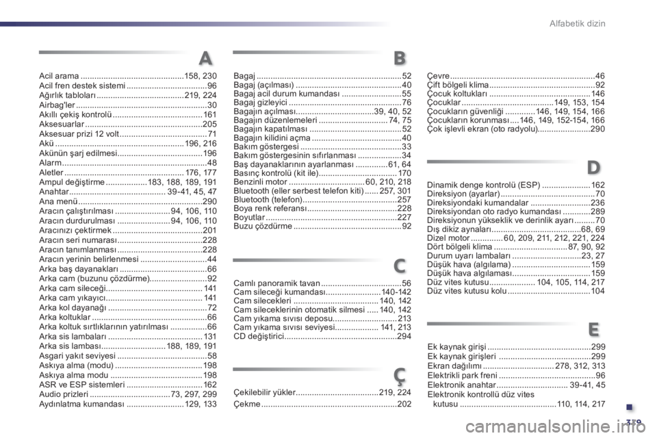 Peugeot 508 2011  Kullanım Kılavuzu (in Turkish) .
319 Alfabetik dizin
Acil arama .............................................158, 230
Acil fren destek sistemi ...................................96
Ağırlık tabloları ............................