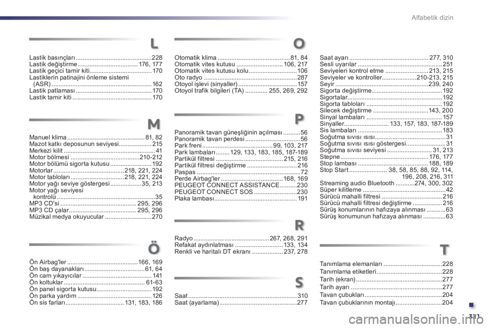 Peugeot 508 2011  Kullanım Kılavuzu (in Turkish) .
321
Alfabetik dizin
Lastik basınçları ............................................228
Lastik değiştirme ................................... 176,  177
Lastik geçici tamir kiti .................