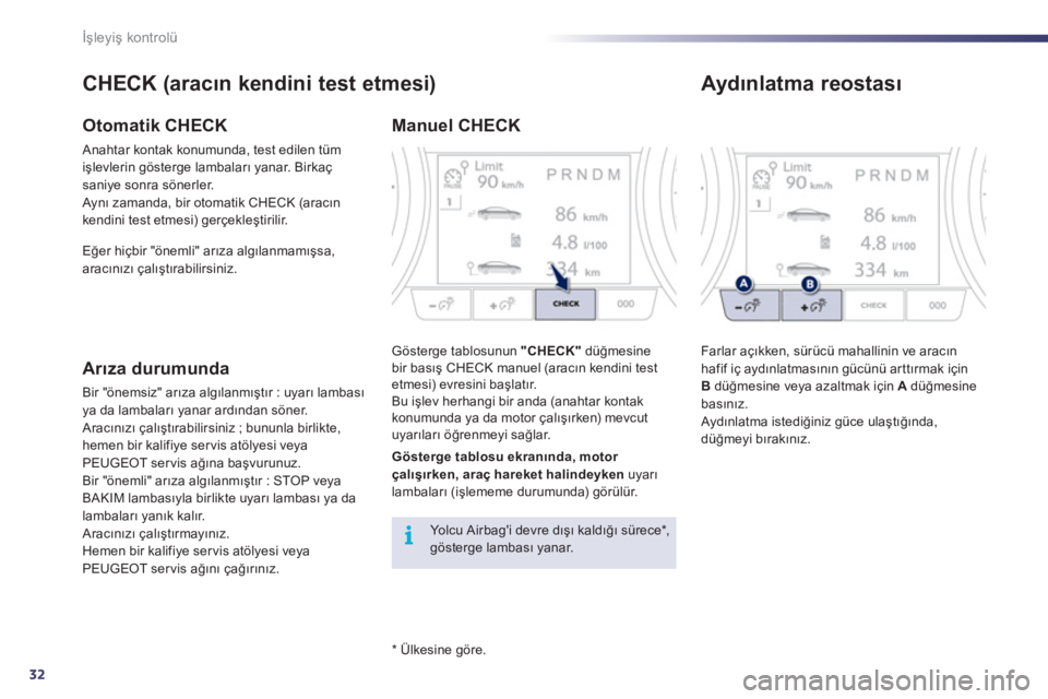 Peugeot 508 2011  Kullanım Kılavuzu (in Turkish) 32
i
İşleyiş kontrolü
 
 
*  
 Ülkesine göre.  
 
 
CHECK (aracın kendini test etmesi) 
 
 
Otomatik CHECK 
 
Anahtar kontak konumunda, test edilen tüm 
işlevlerin gösterge lambaları yanar.