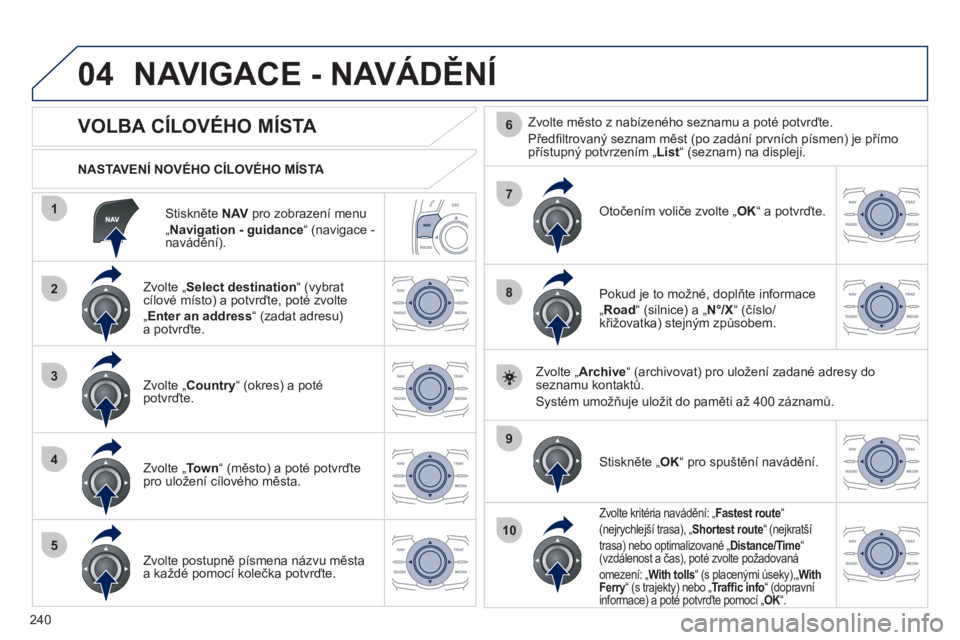 Peugeot 508 2011  Návod k obsluze (in Czech) 240
04
1
2
3
4
5
7
9
10
8
6
Stiskněte NAVpro zobrazení menu „Navigation - guidance“ (navigace - 
navádění).    
NASTAVENÍ NOVÉHO CÍLOVÉHO MÍSTA  
NAVIGACE - NAVÁDĚNÍ
 
 
 
 
 
 
 
 
 