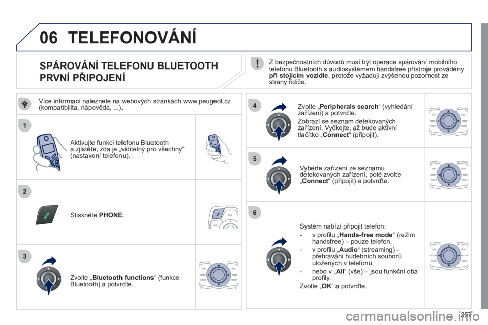 Peugeot 508 2011 Návod k obsluze (in Czech) 257
1
2
5
6
3
4
06
SPÁROVÁNÍ TELEFONU BLUETOOTH
PRVNÍ PŘIPOJENÍ
Z bezpečnostních důvodů musí být operace spárování mobilního
telefonu Bluetooth s Peugeot 508 2011 Návod k obsluze (in Czech) 257
1
2
5
6
3
4
06
SPÁROVÁNÍ TELEFONU BLUETOOTH
PRVNÍ PŘIPOJENÍ
Z bezpečnostních důvodů musí být operace spárování mobilního
telefonu Bluetooth s