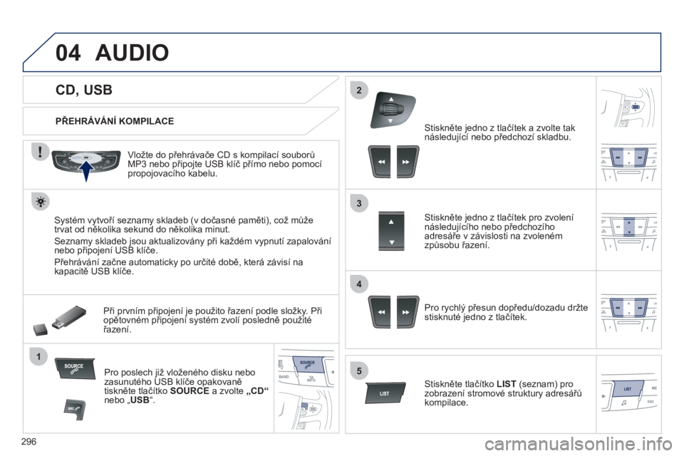 Peugeot 508 2011  Návod k obsluze (in Czech) 296
04
1
3
2
4
5
   
 
 
 
 
 
 
 
 
 
 
 
CD, USB 
AUDIO
 
 
PŘEHRÁVÁNÍ KOMPILACE  
   
Vložte do přehrávače CD s kompilací souborů
MP3 nebo připojte USB klíč přímo nebo pomocí
propoj