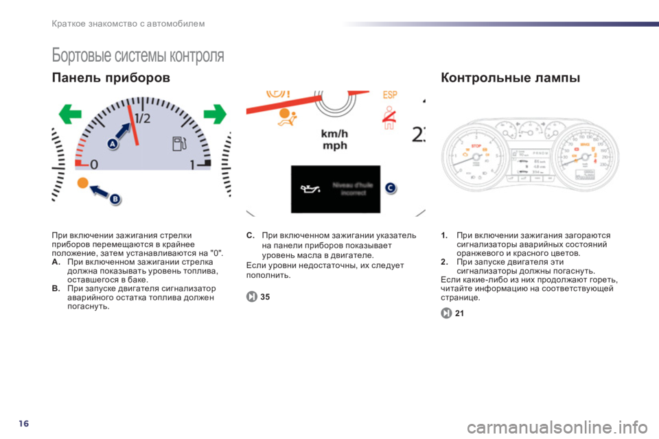 Peugeot 508 2011  Инструкция по эксплуатации (in Russian) 16
Краткое знакомство с автомобилем
 
Бортовые системы контроля 
При включении зажигания стрелки
приборов пер