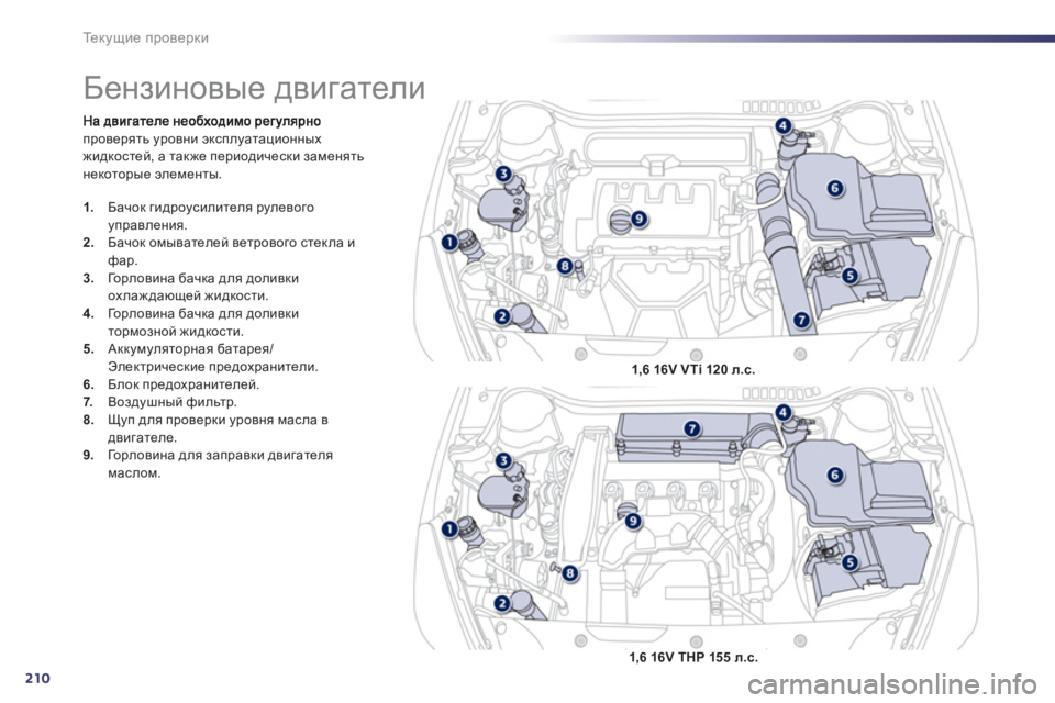 Peugeot 508 2011  Инструкция по эксплуатации (in Russian) 210
Те к у щ и е проверки
проверять уровни эксплуатационных жидкостей, а также периодически заменять 
некоторы�