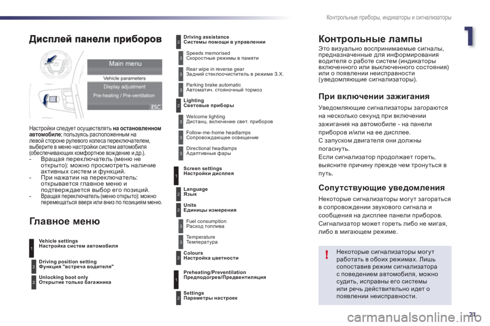 Peugeot 508 2011  Инструкция по эксплуатации (in Russian) 1
21
!
Контрольные приборы, индикаторы и сигнализаторы
Контрольные лампы
 Это визуально воспринимаемые сигнал�