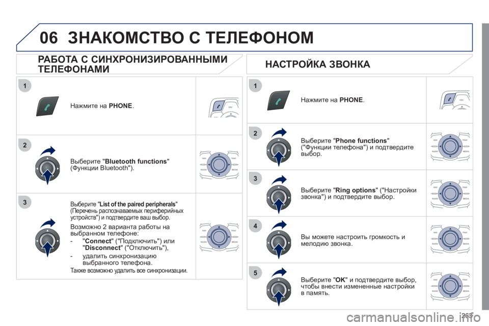 Peugeot 508 2011  Инструкция по эксплуатации (in Russian) 263
1
2
3
1
2
3
4
5
06
Нажмите на PHONE.
Выберите " List of the paired peripherals " (Перечень распознаваемых периферийныхустройств") и п�