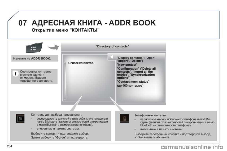 Peugeot 508 2011  Инструкция по эксплуатации (in Russian) 264
07  АДРЕСНАЯ КНИГА - ADDR BOOK 
 
 
Открытие меню "КОНТАКТЫ" 
 
  """"""""yyyyyDirectory of contactsDirectory of contactsDirectory of contactsDirectory of contacts