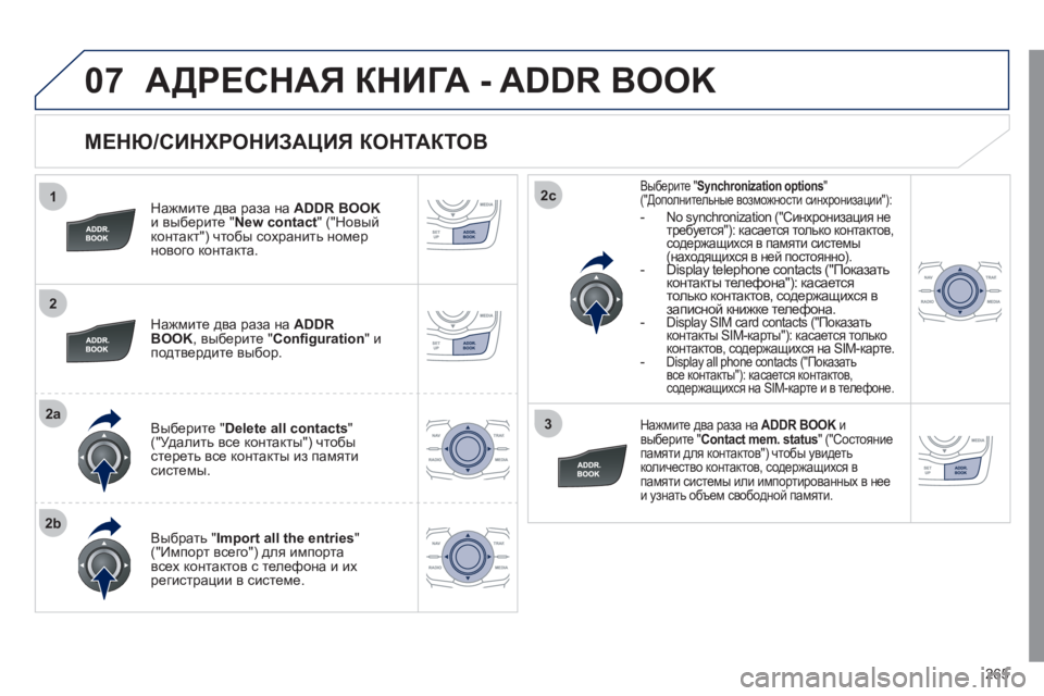 Peugeot 508 2011  Инструкция по эксплуатации (in Russian) 265
1
2
2a
2b
2c
3
07
   
МЕНЮ/СИНХРОНИЗАЦИЯ КОНТАКТОВ 
 
 
Нажмите два раза наADDR BOOKи выберите "New contact 
" ("Новый
контакт") чт