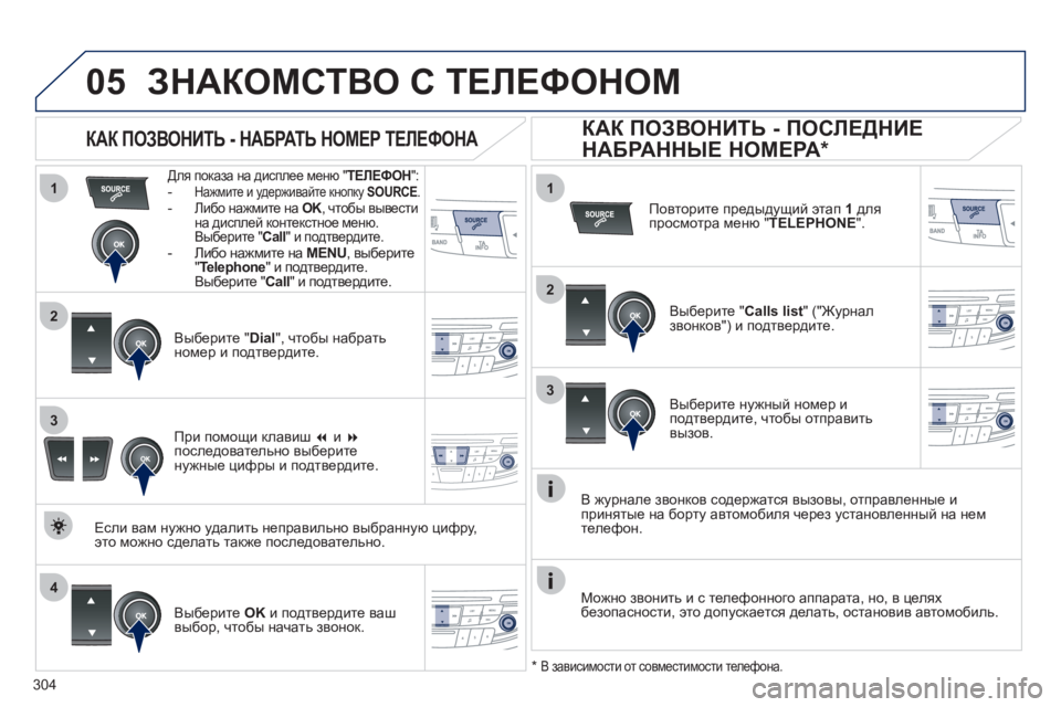 Peugeot 508 2011 Инструкция по эксплуатации (in Russian) 304
1
2
1
4
2
3
3
05ЗНАКОМСТВО С ТЕЛЕФОНОМ
Для показа на дисплее меню " ТЕЛЕФОН":-
Нажмите и удерживайте кнопку SOURCE Peugeot 508 2011 Инструкция по эксплуатации (in Russian) 304
1
2
1
4
2
3
3
05ЗНАКОМСТВО С ТЕЛЕФОНОМ
Для показа на дисплее меню " ТЕЛЕФОН":-
Нажмите и удерживайте кнопку SOURCE