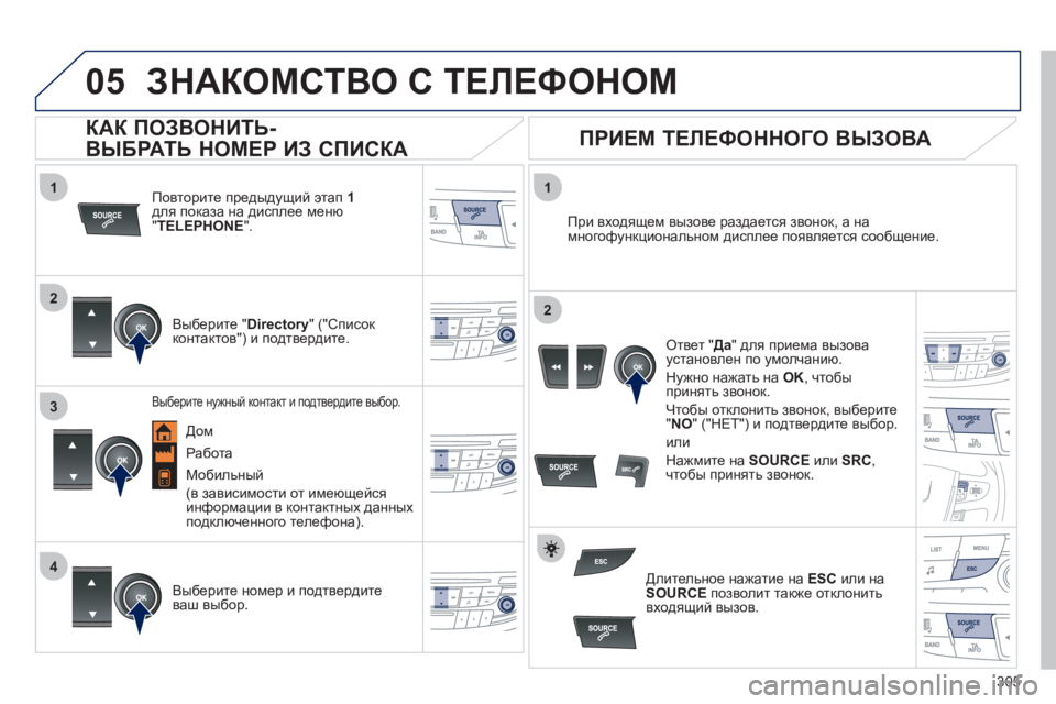Peugeot 508 2011 Инструкция по эксплуатации (in Russian) 305
1
2
1
4
2
3
05ЗНАКОМСТВО С ТЕЛЕФОНОМ
Повторите предыдущий этап 1для показа на дисплее меню"TELEPHONE
".
Выбе
рит Peugeot 508 2011 Инструкция по эксплуатации (in Russian) 305
1
2
1
4
2
3
05ЗНАКОМСТВО С ТЕЛЕФОНОМ
Повторите предыдущий этап 1для показа на дисплее меню"TELEPHONE
".
Выбе
рит