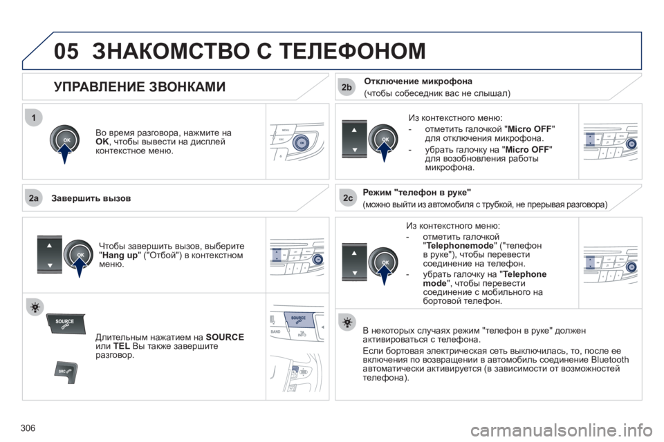 Peugeot 508 2011 Инструкция по эксплуатации (in Russian) 306
1
2a2c
2b
05ЗНАКОМСТВО С ТЕЛЕФОНОМ
Во время разговора, нажмите на
OK
, чтобы вывести на дисплей
к
онтекстное мен Peugeot 508 2011 Инструкция по эксплуатации (in Russian) 306
1
2a2c
2b
05ЗНАКОМСТВО С ТЕЛЕФОНОМ
Во время разговора, нажмите на
OK
, чтобы вывести на дисплей
к
онтекстное мен