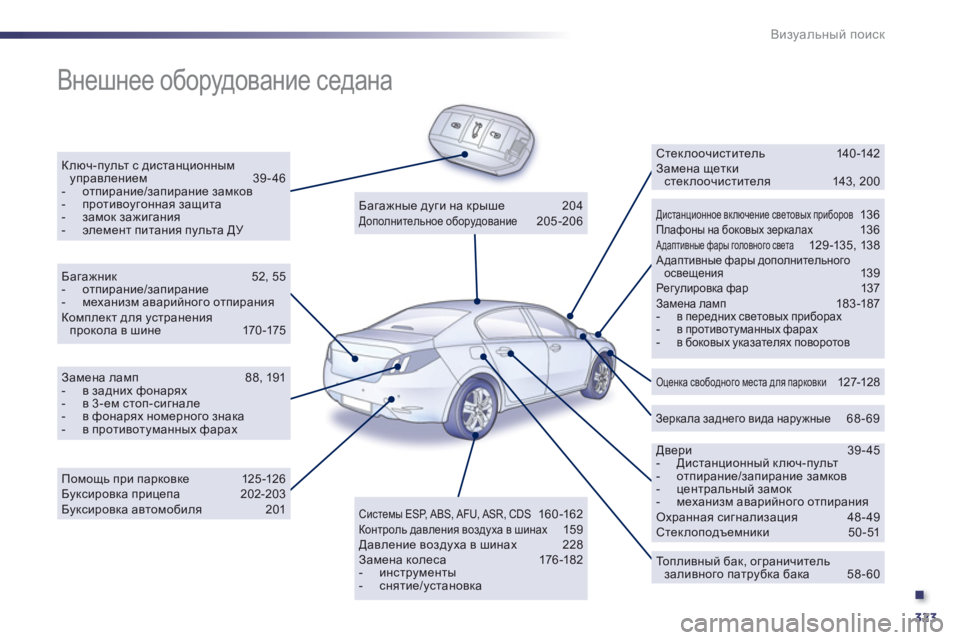 Peugeot 508 2011  Инструкция по эксплуатации (in Russian) .
323
Визуальный поиск
 
Внешнее оборудование седана   
Ключ-пульт с дистанционнымуправлением  39-46 -  отпирание/a