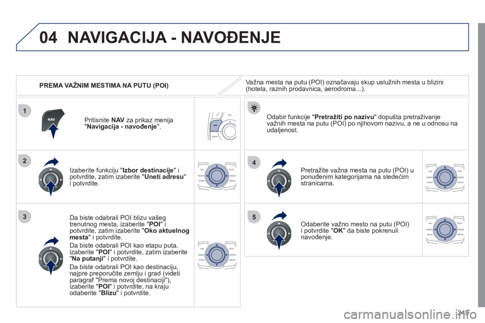 Peugeot 508 2011  Упутство за употребу (in Serbian) 243
04
1
3
4
5
2
   
 
PREMA VAŽNIM MESTIMA NA PUTU (POI)
NAVIGACIJA - NAVOĐENJE 
Važna mesta na putu (POI) označavaju skup uslužnih mesta u blizini(hotela, raznih prodavnica, aerodroma...).  
  