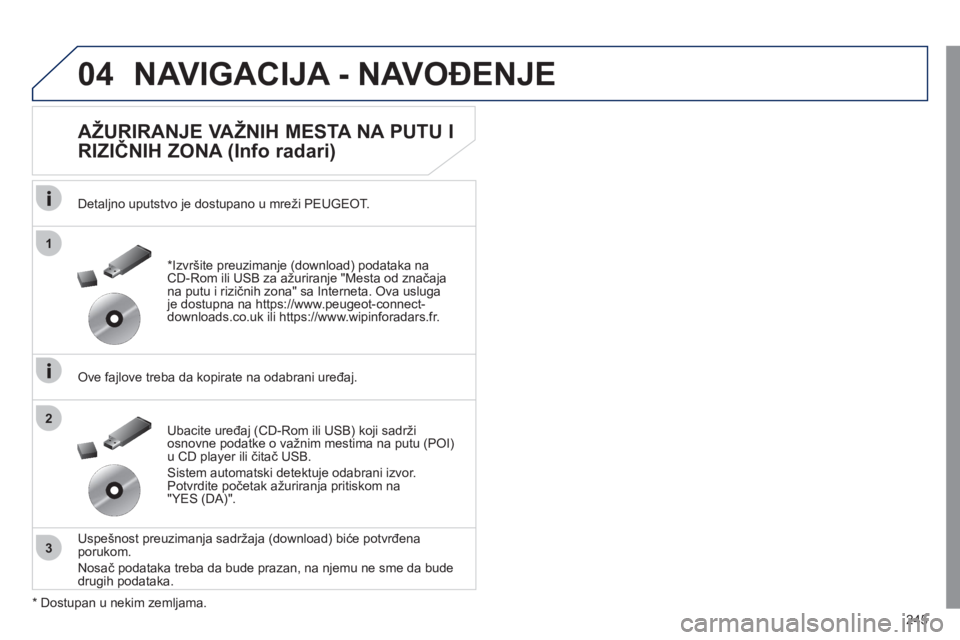 Peugeot 508 2011  Упутство за употребу (in Serbian) 245
04
1
3
2
NAVIGACIJA - NAVOĐENJE 
 
 
AŽURIRANJE VAŽNIH MESTA NA PUTU I 
RIZIČNIH ZONA (Info radari) 
 
 
Detaljno uputstvo je dostupano u mreži PEUGEOT.
   
Ove fajlove treba da kopirate na o