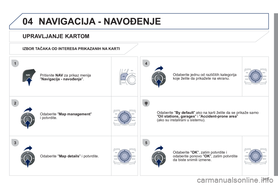Peugeot 508 2011  Упутство за употребу (in Serbian) 249
04
35
1
2
4
NAVIGACIJA - NAVOĐENJE 
Pritisnite NAVza prikaz menija"Navigacija - navođenje 
".
 
 
UPRAVLJANJE KARTOM 
 
 
IZBOR TAČAKA OD INTERESA PRIKAZANIH NA KARTI
Odaberite " Map management