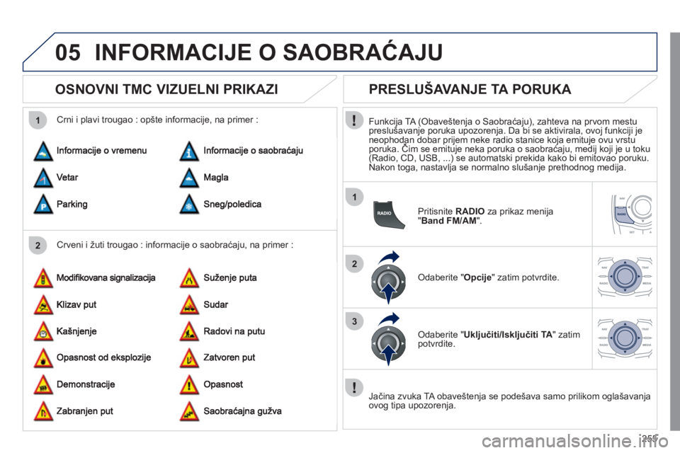 Peugeot 508 2011  Упутство за употребу (in Serbian) 255
05
2 1
1
2
3
INFORMACIJE O SAOBRAĆAJU 
 
 
 
 
 
 
 
OSNOVNI TMC VIZUELNI PRIKAZI 
 
 Crveni i žuti trougao : informacije o saobraćaju, na primer :    
Crni i plavi trou
gao : opšte informacij