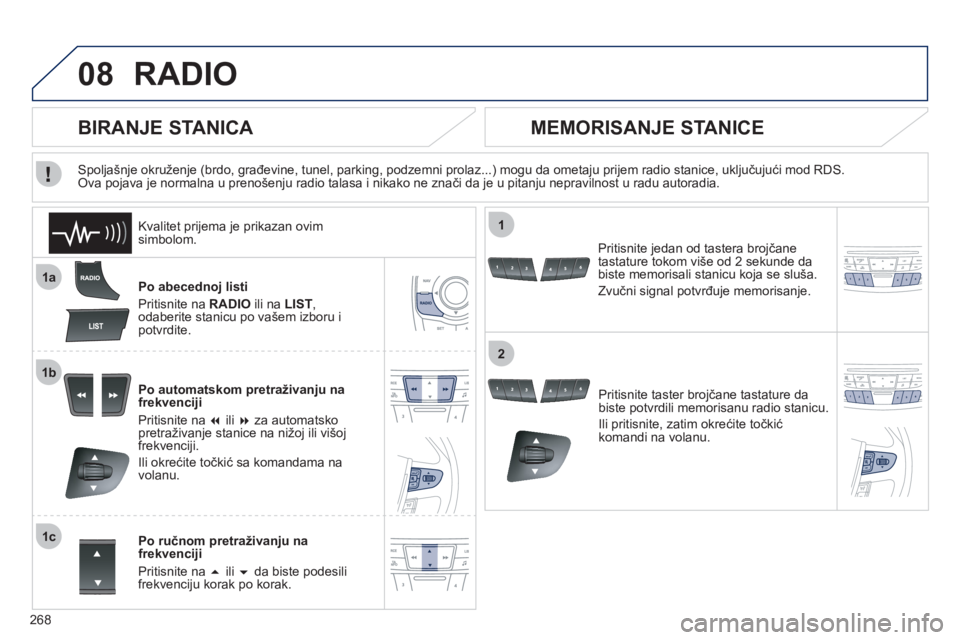 Peugeot 508 2011  Упутство за употребу (in Serbian) 268
08
1a
1b
1c
1
2
RADIO 
Po abecednoj listi 
Pritisnite na  RADIO ili na  LIST , 
odaberite stanicu po vašem izboru i 
potvr
dite.  
Po automatskom pretraživan
ju na
frekvenciji
Priti
snite na  �
