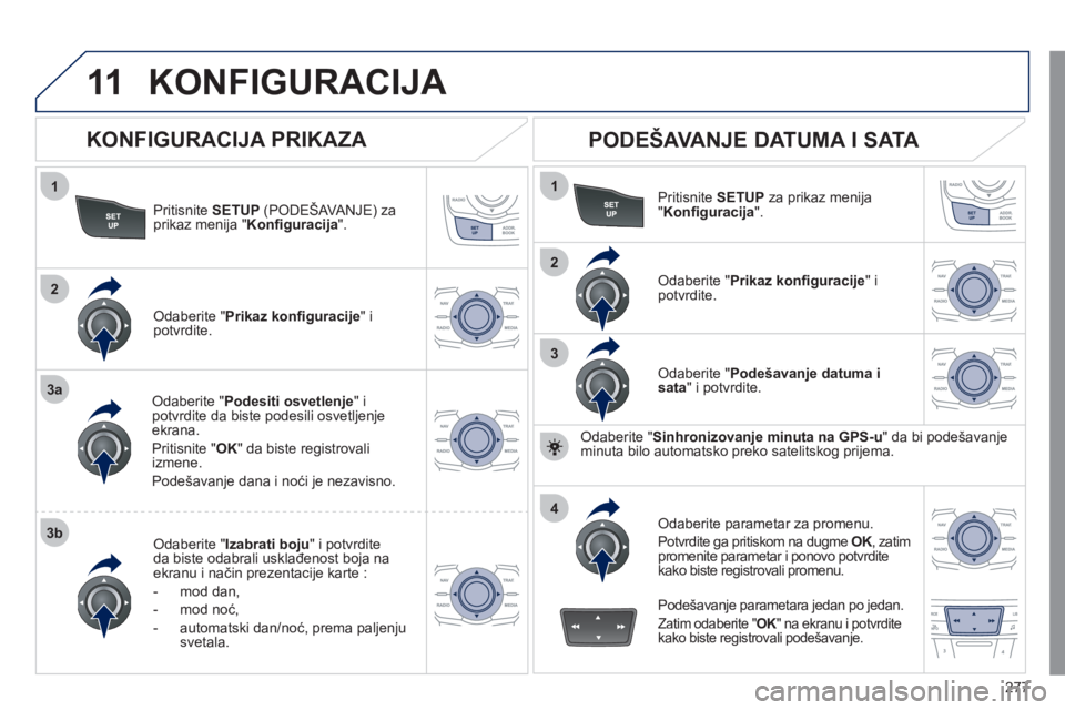 Peugeot 508 2011 Упутство за употребу (in Serbian) 277
11
1
2
3a
3b
1
2
3
4
KONFIGURACIJA
Pritisnite SETUP(PODEŠAVANJE) za
prikaz menija " Konfi guracija".
Odaberite "Podesiti osvetlenje
" ipotvrdite da biste podesili osvetljenje ekrana.
Pritisn Peugeot 508 2011 Упутство за употребу (in Serbian) 277
11
1
2
3a
3b
1
2
3
4
KONFIGURACIJA
Pritisnite SETUP(PODEŠAVANJE) za
prikaz menija " Konfi guracija".
Odaberite "Podesiti osvetlenje
" ipotvrdite da biste podesili osvetljenje ekrana.
Pritisn