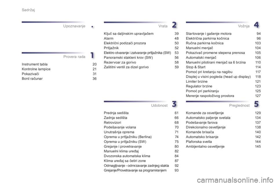 Peugeot 508 2011  Упутство за употребу (in Serbian) .
Sadržaj
Instrument tabla 20
Kontrolne lampice 21
Pokazivači 31
Bord računar 36
Provera rada Upoznavanje
Ključ sa daljinskim upravljačem 39
Alarm 48
Električni podizači prozora  50
Prtljažnik