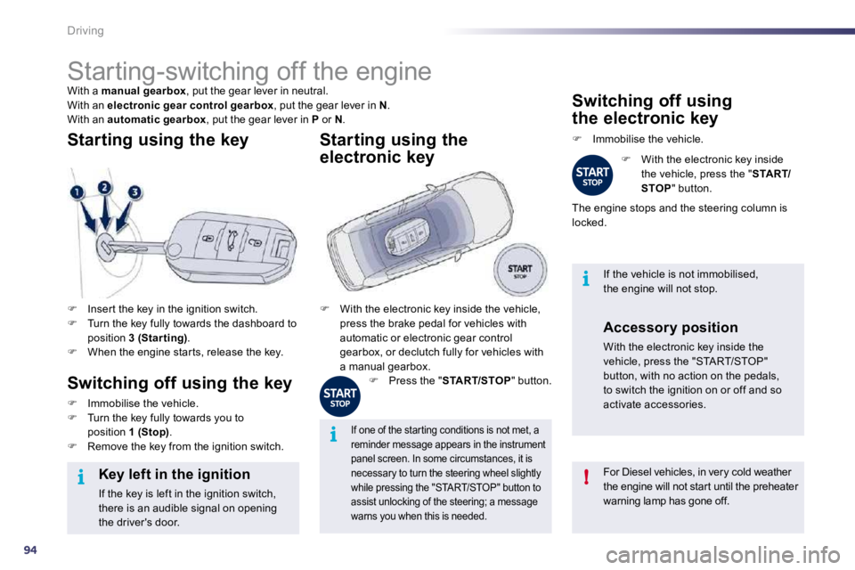 Peugeot 508 2010.5  Owners Manual 94
i!
i
i
Driving 
         Starting-switching off the engine 
 With a  manual gearbox , put the gear lever in neutral.  With an  electronic gear control gearbox , put the gear lever in  N .  With an 