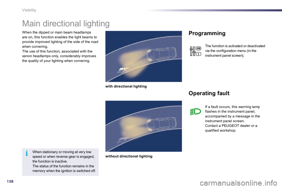 Peugeot 508 2010.5  Owners Manual 138
i
Visibility
  When the dipped or main beam headlamps are on, this function enables the light beams to provide improved lighting of the side of the road when cornering.  The use of this function, 