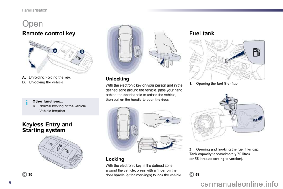 Peugeot 508 2010.5  Owners Manual 6
i
Familiarisation 
 Open 
A.  Unfolding/Folding the key. B.   Unlocking the vehicle. 
  Remote control key 
1.   Opening the fuel filler flap. 
  Fuel tank 
58
  Unlocking 
 With the electronic key 