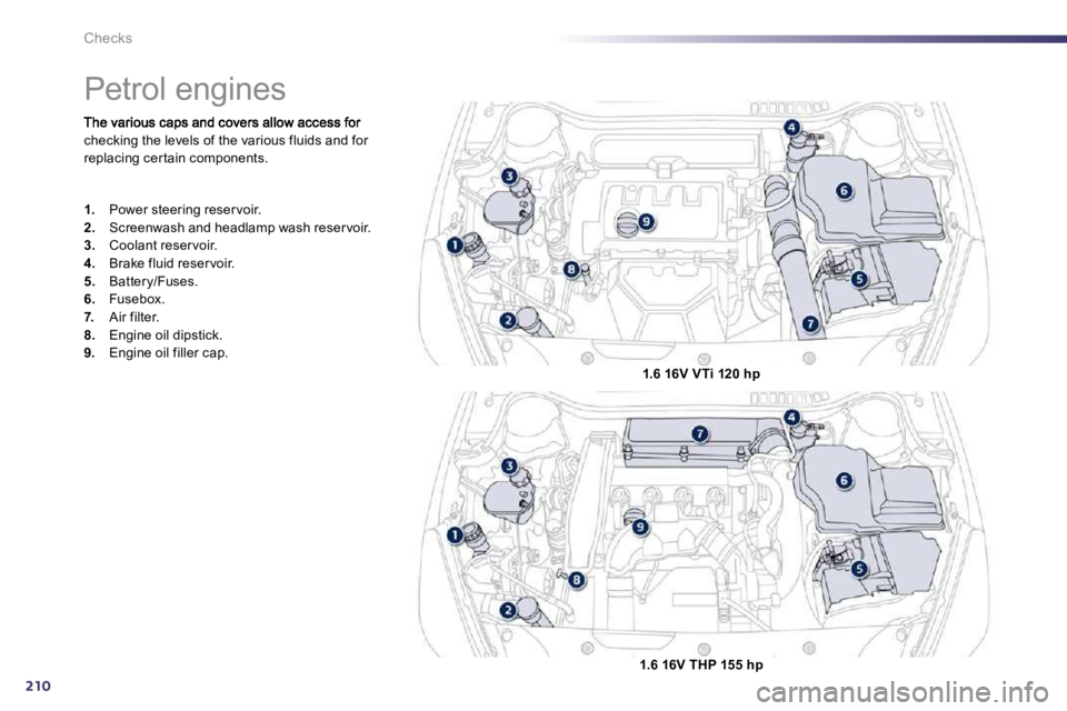 Peugeot 508 2010.5  Owners Manual 210
Checks
checking the levels of the various fluids and for replacing cer tain components. 
               Petrol engines 
1.   Power steering reser voir. 2.   Screenwash and headlamp wash reser voir