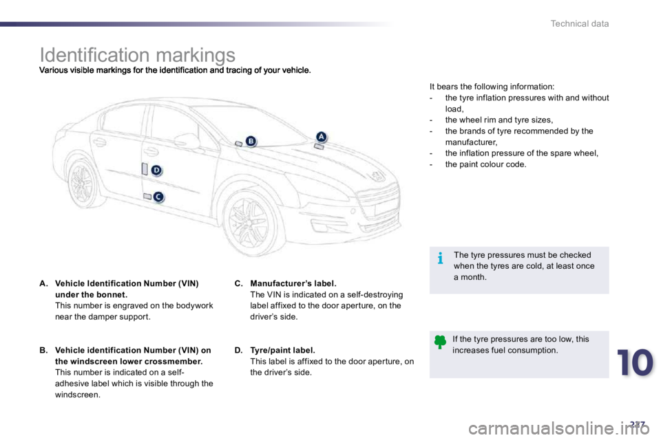 Peugeot 508 2010.5  Owners Manual 10
227
i
Technical data
                        
�I�d�e�n�t�i�ﬁ� �c�a�t�i�o�n� �m�a�r�k�i�n�g�s� 
A.    Vehicle Identification Number (VIN) under the bonnet.
  This number is engraved on the bodywor
